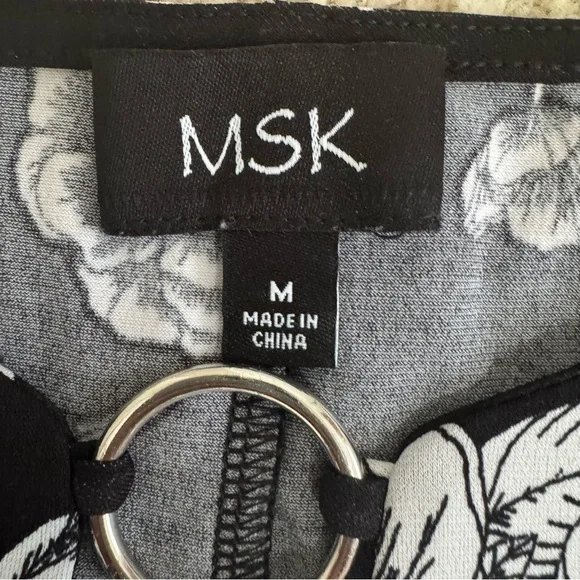 MSK Sleeveless Black Dress White Floral Silver Ringed Neckline Medium Like New - Picture 6 of 8